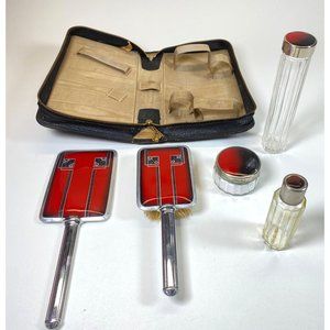 Men's Vintage Vanity Grooming Travel Set Glass Containers Cowhide Zipper Case